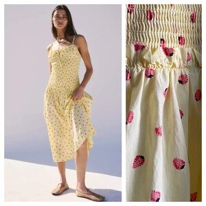 Free People Lemon Yellow Red Strawberry Print Smocked Lavender Daze Midi Dress M